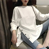 Split Side Button Loose Solid Shirt